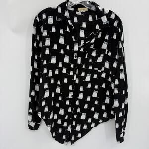 LOVE NOTES Womens Cat Print Button Up Shirt Size L Long Sleeve Artsy Tie Front